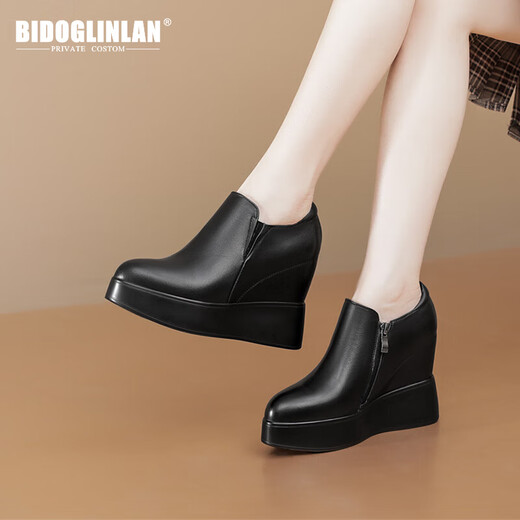 Bidu Greenland brand inner heightening black leather shoes for women invisible inner wedge shoes for all seasons 10 cm high heels platform platform thick sole women's shoes black 36 (230mm)