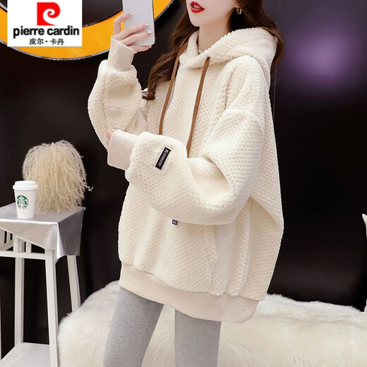 Pierre Cardin velvet thickened hooded sweatshirt for women new autumn and winter loose design trendy brand lamb wool jacket 9031-apricot plus velvet M 80-110Jin Jin equals 0.5 kg