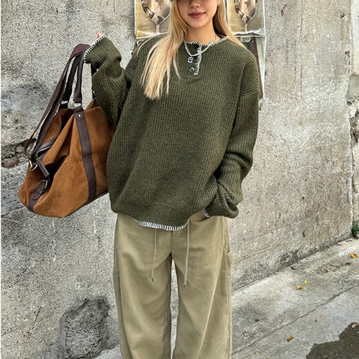 Fei Ramie American Retro 2025 Autumn and Winter Knitted Sweaters for Men and Women Loose Casual Lazy Style Henry Collar Sweater Trendy Green M