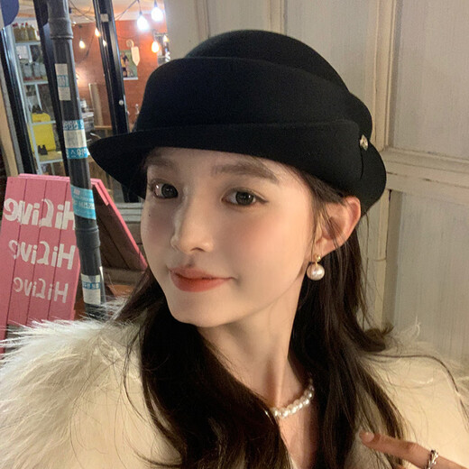 Winter hat for women, autumn wool felt hat, hiking warm hat, knight wide brim dome fisherman basin, classic black, one size fits all, 54-58cm