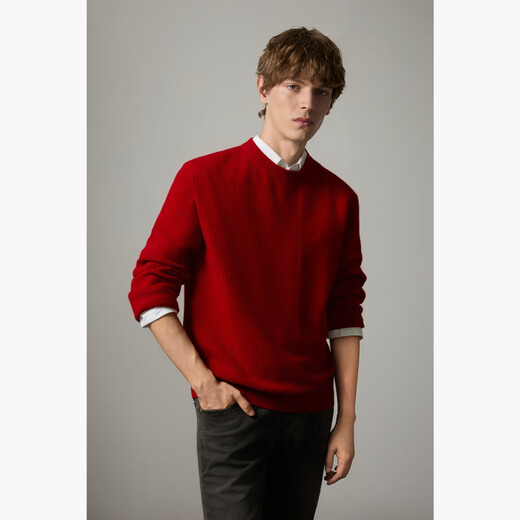 HECHTER Men's zodiac year 100% wool sweater round neck warm and versatile red sweater men's Year of the Horse Qiji Red Brick Red Hot Selling Color L