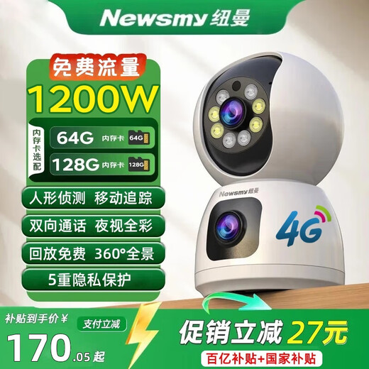 纽曼（Newsmy）终身免流量监控摄像头4g网络高清夜视监控器360度无死角带夜视全景云台家用AI监控手机远程