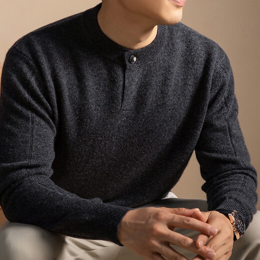 Deer King Ordos City 8% Mountain 92 Sheep Wool Autumn and Winter One Button Henley Collar Sweater Men's Round Neck Soft Waxy Hand Dark Gray XL (115) (135-150Jin Jin is equal to 0.5 kg)