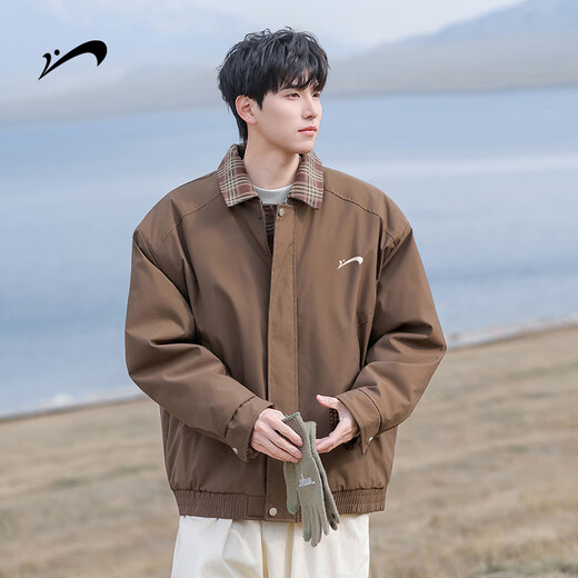 Guirenniao fake two-piece plaid cotton coat men's winter cold-proof lapel cotton jacket jacket coffee 2XL