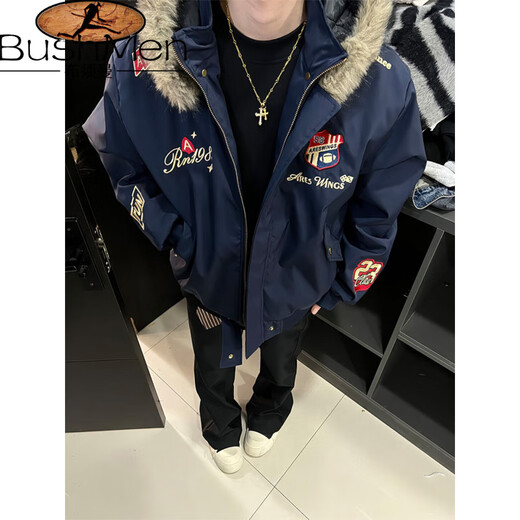 Bushman Navy Badge Embroidered Fur Collar Cotton Jacket Men's Winter Thickened Warm Cotton Jacket American Mountain Carving Cotton Jacket Navy Blue Upgraded L