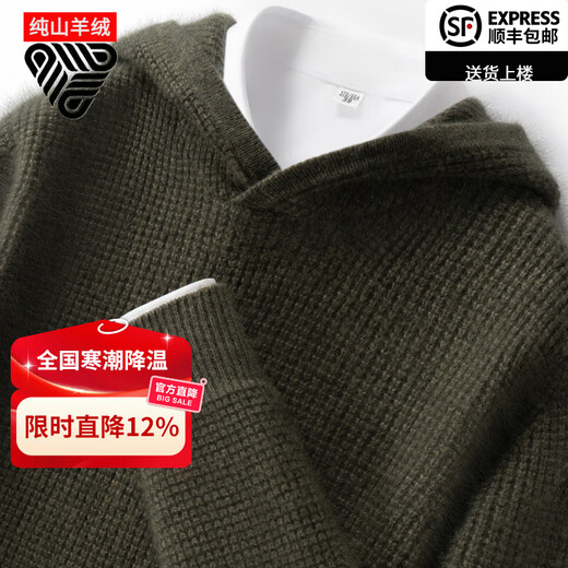 鄂尔多斯市产秋冬新款纯山羊绒衫男士连帽毛衣宽松加厚针织打底衫 旗舰1980 橄榄绿 2XL