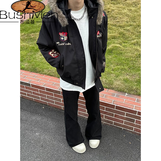 Bushman Navy Badge Embroidered Fur Collar Cotton Jacket Men's Winter Thickened Warm Cotton Jacket American Mountain Carving Cotton Jacket Navy Blue Upgraded L