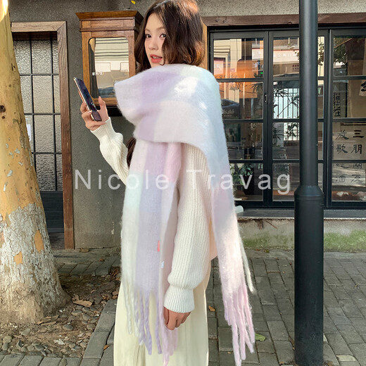 Fat Donglai's same style warm winter thickened scarf soft waxy white purple mohair winter scarf for girls thickened Yunshu plaid