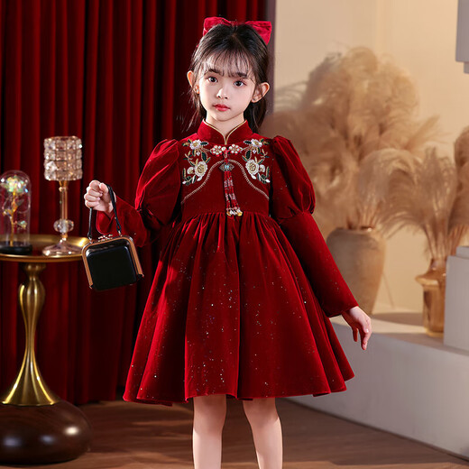 Girls Hanfu Dress Autumn and Winter Skirt 2025 New Year's Eve Chinese New Year Red Cheongsam Plus Velvet Winter Clothes 2800 Red 140
