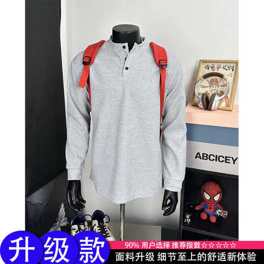 Cleanfit gray henley collar long-sleeved t-shirt men's American polo collar inner layering shirt hawaffle sweatshirt light gray upgraded model M