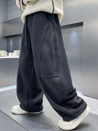 Xiaohongshu popular boys' autumn and winter pants with velvet and thickening 2025 new all-in-one velvet junior high school students winter children blue velvet style cm 120