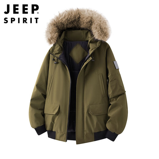 JEEP SPIRIT Jeep American fur collar down jacket men's winter thickened cotton jacket hooded parka jacket men gray XL