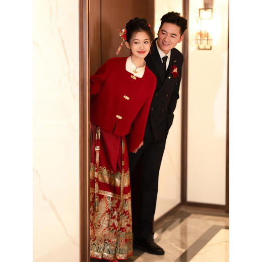 Vimadtly New Chinese Engagement Dress Red Horse Face Skirt Toast Suit Women's Autumn and Winter Home Clothes Bridal Wedding Casual Clothing Three-piece Set_(Top + Horse Face Skirt + Jacket) XL