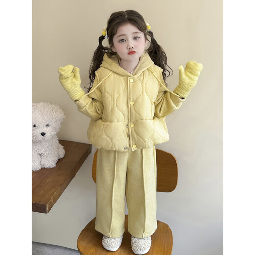 NACJOM Girls' Velvet Thickened Suit Autumn and Winter 2025 New Children's Fashionable Wear Baby Girl Winter Vest Three-piece Set Pink 90 cm