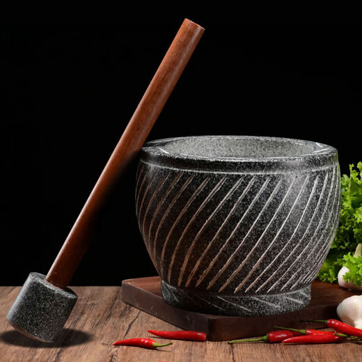 Extra large rice cake making garlic pounder stone garlic mortar grinder stone nest making rice cake peeling garlic garlic press pair nest Shandong gray polished diameter 20 cm bowl with wooden hammer