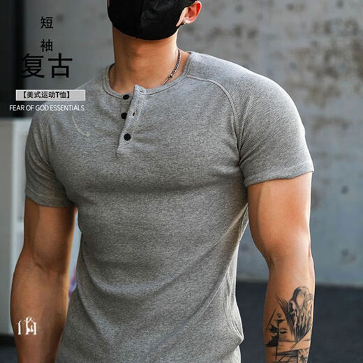 Summer casual American retro Henley shirt short-sleeved fitness tough guy T-shirt men's slim heavyweight thick threaded bottoming shirt Gray M Recommended weight 50-60kg