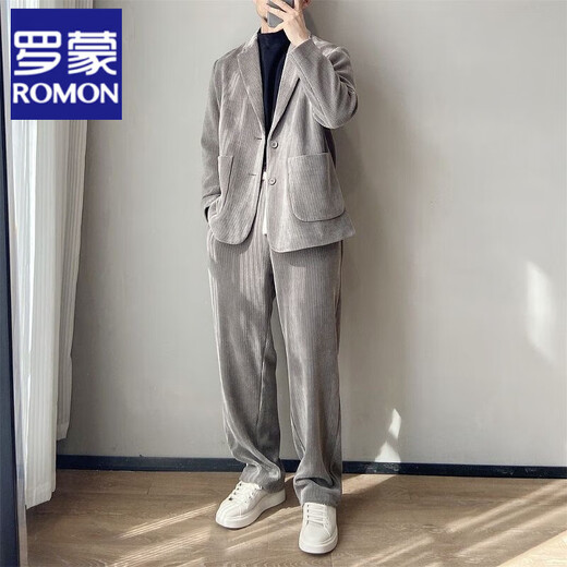 ROMON Hong Kong style light familiar corduroy drape suit suit men's jacket casual loose striped high-end two-piece suit gray 2XL