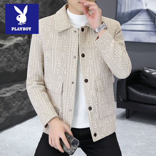 Playboy winter velvet thickened jacket men's trendy and handsome slim fit lapel casual short woolen windbreaker jacket apricot velvet XL recommended 130-150Jin Jin equals 0.5 kg