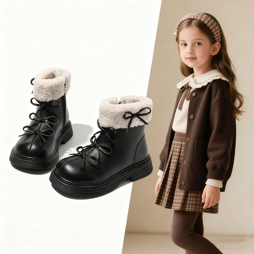 LeCali Girls' Martin Short Boots Children's Shoes 2025 Autumn and Winter New Snow Boots Plus Velvet Little Leather Boots Princess Girls' Warm Martin Short Boots Black Bow Tie 34 Size