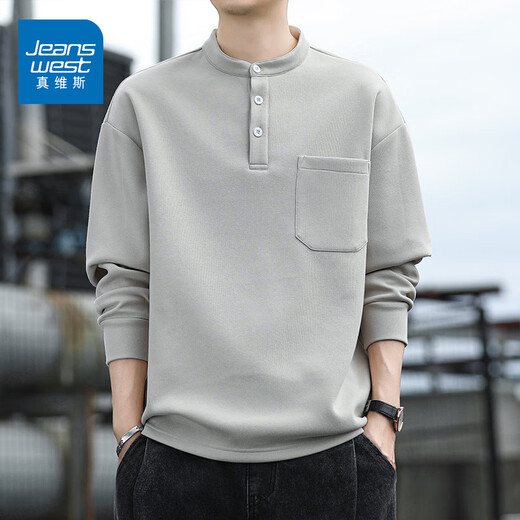Jeanswest Fashionable Simple Pullover Sweatshirt 2025 New Autumn and Winter Loose Casual Henley Collar Top Men's Trendy Bottoming Shirt Black M Recommended 110-115Jin Jin equals 0.5 kg