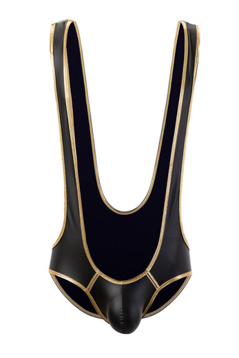 Men's erotic underwear one-piece with thong bodysuit sexy patent leather sailor performance suspender style temptation men's swimsuit black M