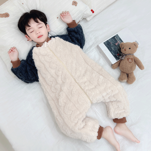 Children's one-piece pajamas autumn and winter flannel double-layer thickened baby baby sleeping bag boy's coral velvet anti-kick 1 picture color 90