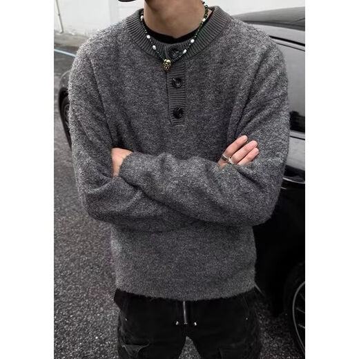 Jiaojing old money Henry collar sweater American cleanfit gray Henry collar sweater men's autumn and winter style lazy old money dark gray M