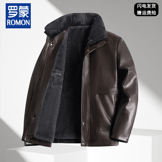 Luo Meng middle-aged and elderly men's leather jacket with velvet and thickened dad's clothing autumn and winter coat fur all-in-one velvet men's leather jacket jacket brown 4XL 195