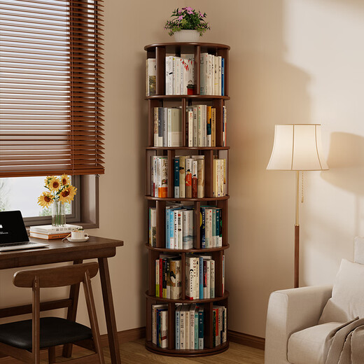 Jiayi solid wood rotating bookshelf 360 degree bookcase living room corner bookshelf vertical floor-standing one-piece wall shelf