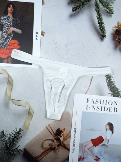 Crotchless underwear men's low-waist sexy hollow see-through front opening thong youth summer threaded sports T-pants white XL