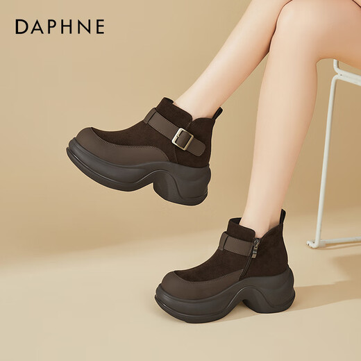 DAPHNE Daphne thick-soled short boots for women, fashionable retro plus velvet ankle boots for women, British small ones, heightening and warm women's boots, brown 37