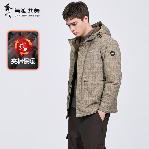 Dances with Wolves All-over Printed Padded Hooded Jacket Men's 2025 Autumn and Winter New Loose Warm Youth Jacket 1077 Khaki 701 L (175)