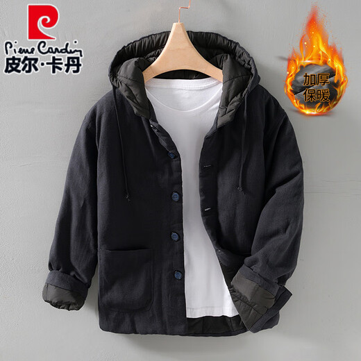 Pierre Cardin Chinese style ramie hooded cotton coat for men in winter thick cotton and linen national trend Chinese style loose linen cotton coat trend black S recommended 85-115Jin Jin equals 0.5 kg