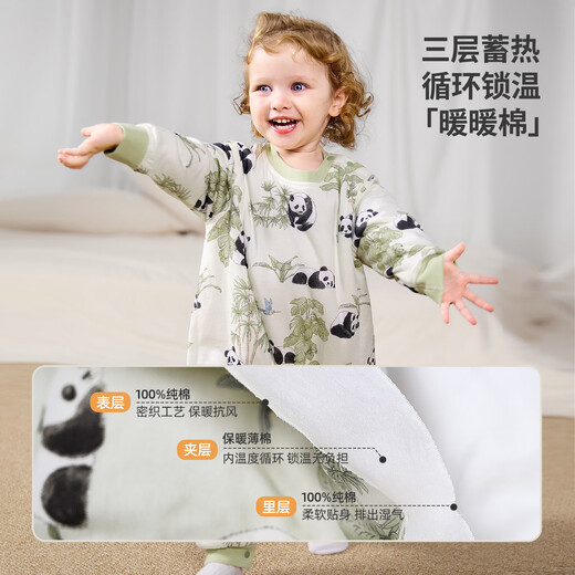 Cotton soft children's one-piece pajamas, winter baby warm clothespins, cotton boys' home clothes, autumn and winter sleeping bags, girls' jumpsuits, light green panda 60g thin cotton 80 36cm