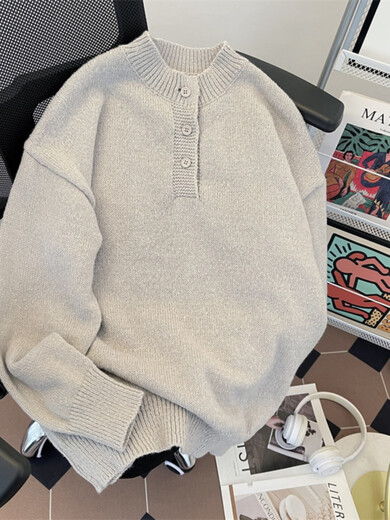 Xiaohongshu’s most popular purchase product heavy weight henley collar sweater men’s autumn and winter pullover sweater youth cover dark gray M one size