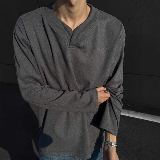 Heavyweight German velvet V-neck long-sleeved T-shirt men's autumn and winter cleanfit American fashion brand inner layering shirt sweatshirt Henry Black M