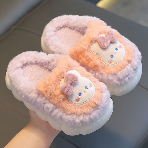 Kenhu winter children's cotton slippers for boys and girls parent-child bag with heel to keep warm and velvet thick-soled cartoon home baby furry cotton slippers Watermelon Red Rabbit (heel bag) 24 25 size (inner length 15CM suitable for 1-2 years old)