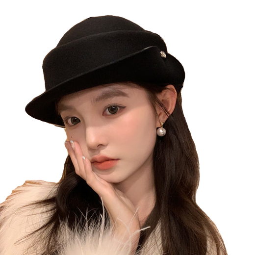 Winter hat for women, autumn wool felt hat, hiking warm hat, knight wide brim dome fisherman basin, classic black, one size fits all, 54-58cm