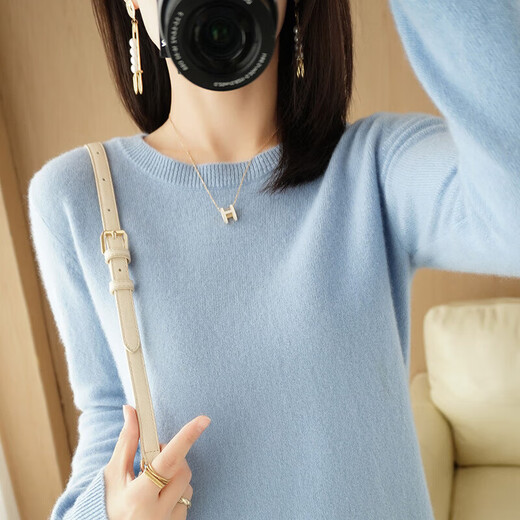 Soft and comfortable bottoming sweater for women, long-sleeved V-neck round neck pullover, sweater for women, loose top, fashion-round-neck-black 2XL 140-160Jin Jin is equal to 0.5 kg