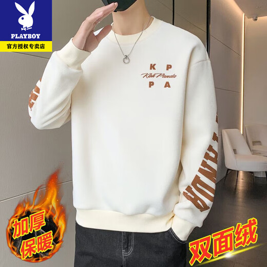 Playboy men's sweatshirt double-sided velvet 2025 autumn and winter new long-sleeved t-shirt bottoming shirt thickened warm lightweight top jacket K3703 beige double-sided velvet XL recommended 120-140Jin Jin equals 0.5 kg