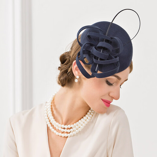 EE European and American fashionable wool top hat British banquet formal adult top hat gauze winter hat for women navy blue adjustable