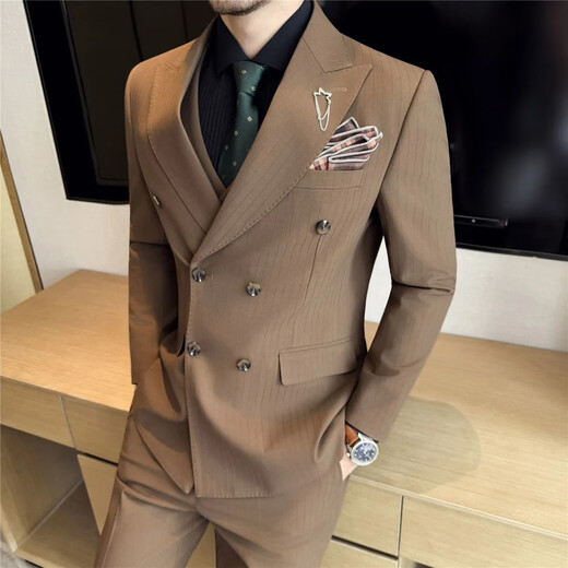 FZPT light luxury trendy brand suit suit for men 2025 autumn and winter new business casual fashion slim striped double-breasted suit medium gray suit + pants + vest 3XL recommended 150-160Jin Jin equals 0.5 kg
