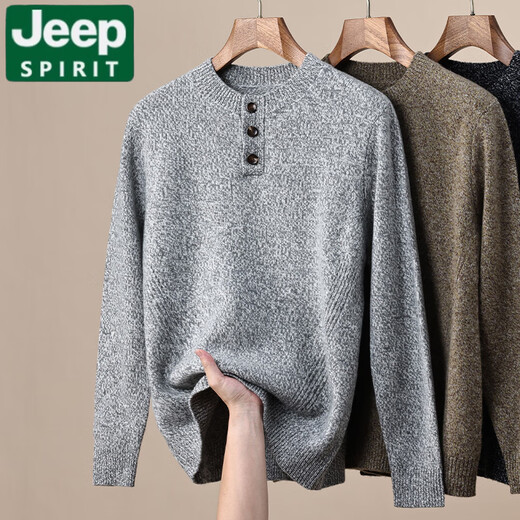 JEEP SPIRIT Wool Sweater Men's 2025 Autumn and Winter New Henley Collar Warm and Versatile Casual Bottoming Sweater Men's Sand Brown XL 180/96A(115)