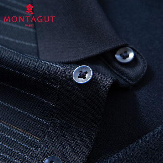MONTAGUT mulberry silk & brushed lining men's autumn and winter long-sleeved striped POLO shirt with lapel casual business middle-aged and elderly gray blue one size fits all 46 165/84A 120Jin Jin equals 0.5kg within