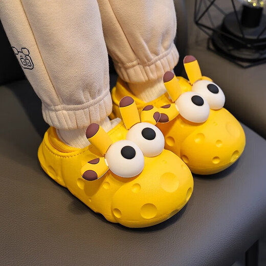 Fengming children's cotton slippers 1-3 years old autumn and winter baby one-year-old baby slippers home children plus velvet, comfortable, light and non-slip children's warm cotton slippers yellow giraffe included heel 24-25 recommended 2-3 years old inner length about 15cm