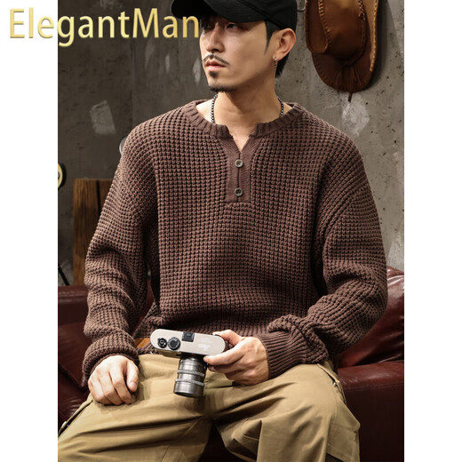 ElegantMan American retro heavyweight sweater for men in autumn and winter thickened tough guy Henry collar sweater brown sweater jacket brown M _ suitable for -125Jin Jin equals 0.5kg