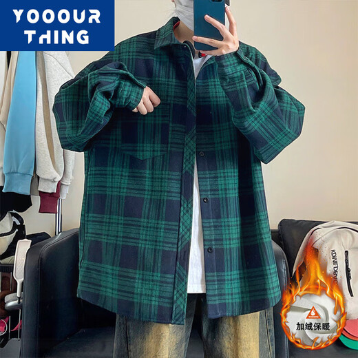 YOOOURTHING美式复古格子衬衫男长袖春秋冬加绒加厚宽松情侣百搭休闲衬衣外套 CJ9735-绿格 加绒 L (建议110-130斤)