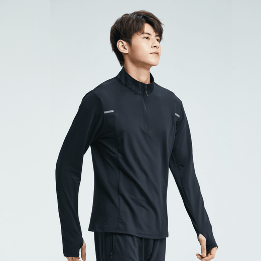 Bimax fitness clothing men's autumn and winter half-zip quick-drying clothing sports training sports T-shirt long-sleeved running and cycling clothing 857 black warm plus velvet L
