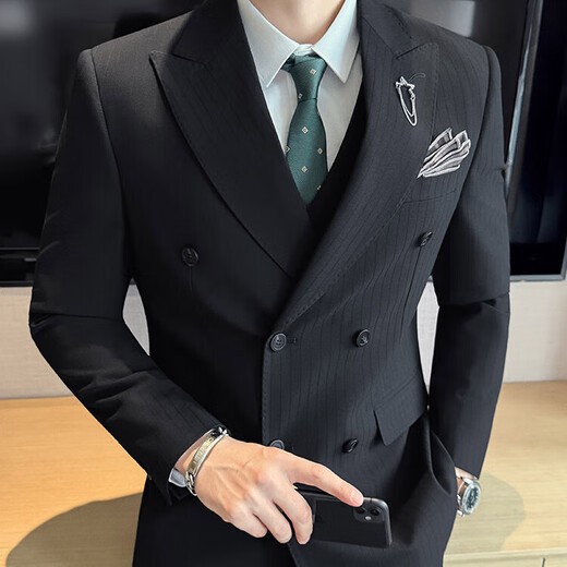 FZPT light luxury trendy brand suit suit for men 2025 autumn and winter new business casual fashion slim striped double-breasted suit medium gray suit + pants + vest 3XL recommended 150-160Jin Jin equals 0.5 kg