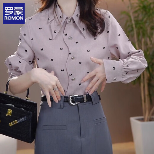 ROMON high-end shirt tops for women 2025 autumn new style light luxury high-end fashion shirt design niche shirt gray blue M recommended 99-109 Jin Jin equals 0.5 kg